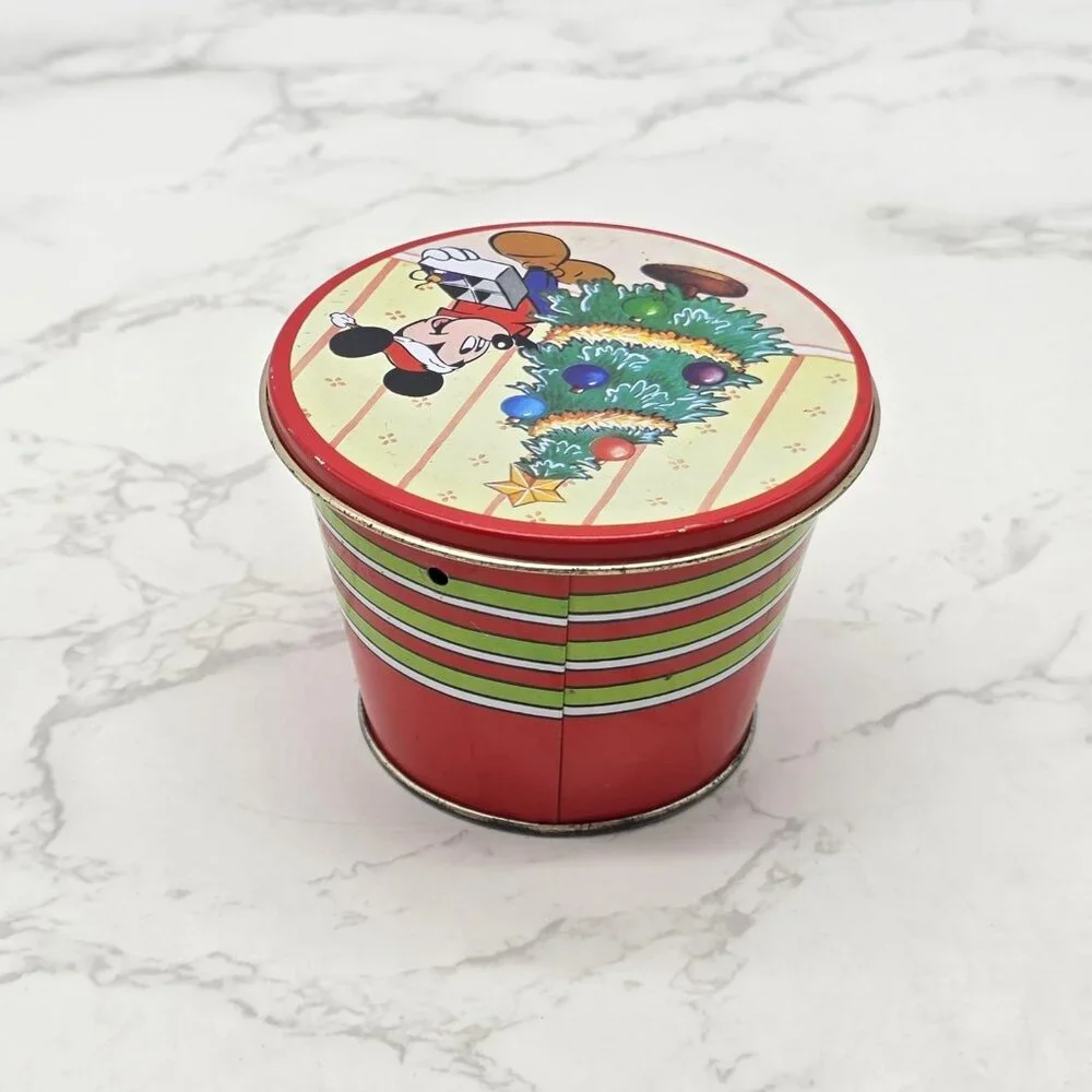 Vintage Disney Mickey Minnie Christmas Tree Round Tin Box Container Hong Kong